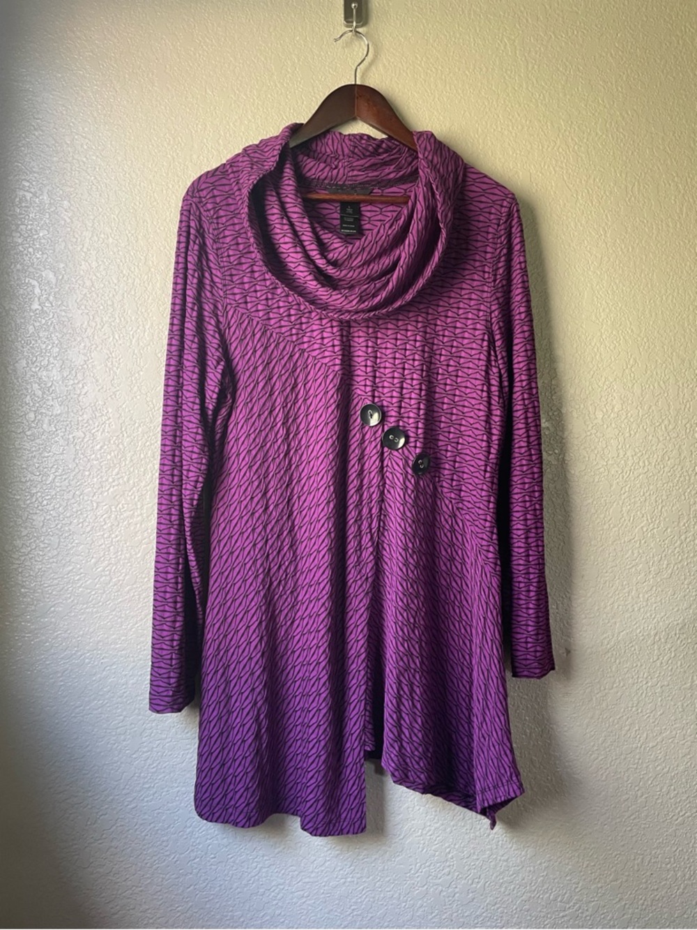 Ali Miles Large Purple Stretch Asymmetrical Hem Cowl Neck Artsy Button Tunic Top
